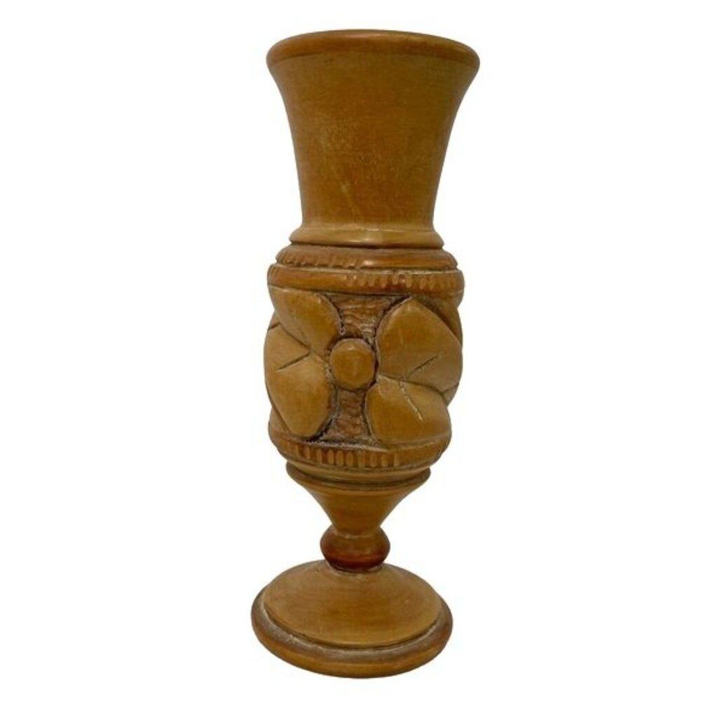 Hand Carved Wood Vase 8" Leaf Detail 3D Lightweight Signed Haiti